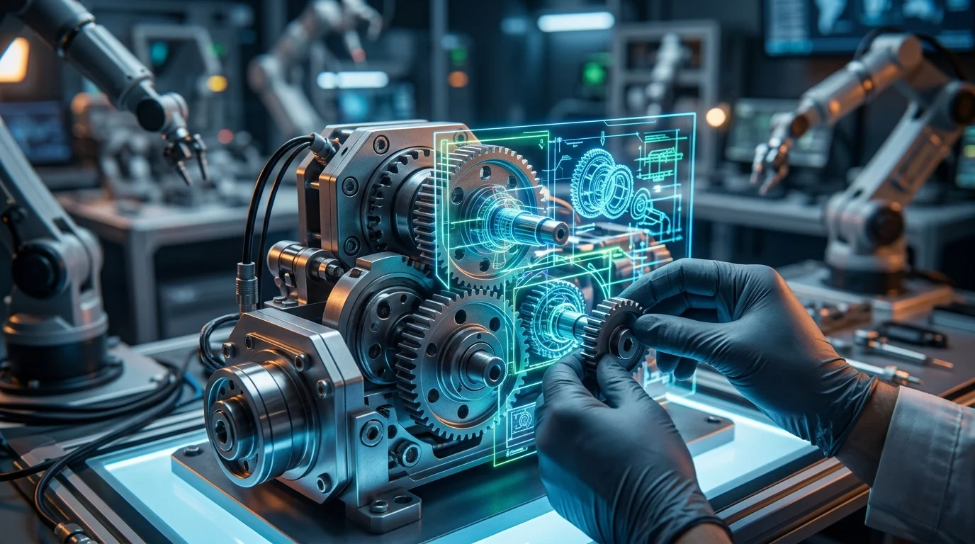 Conceptual representation of digital customization with mechanical parts and blueprints.