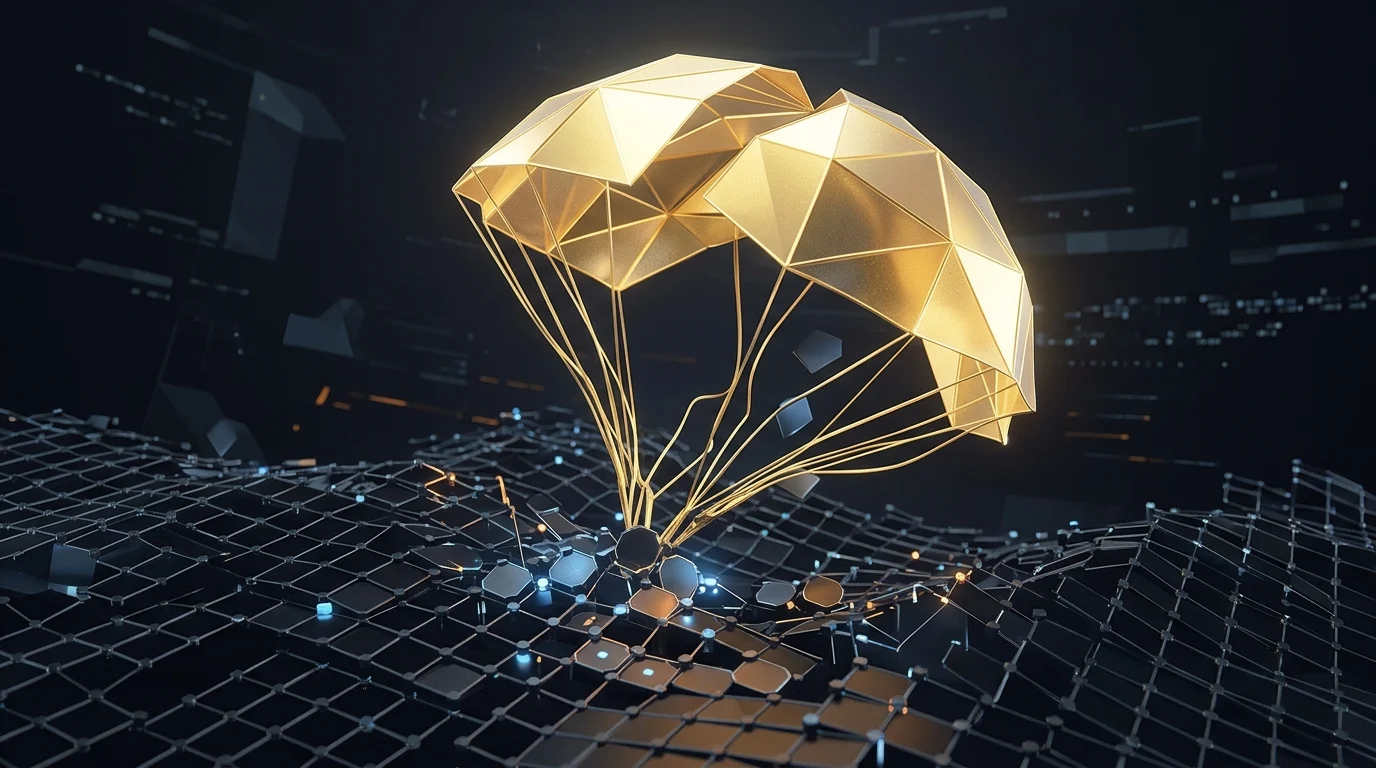 Abstract visualization of a golden parachute over a fragmented digital network.