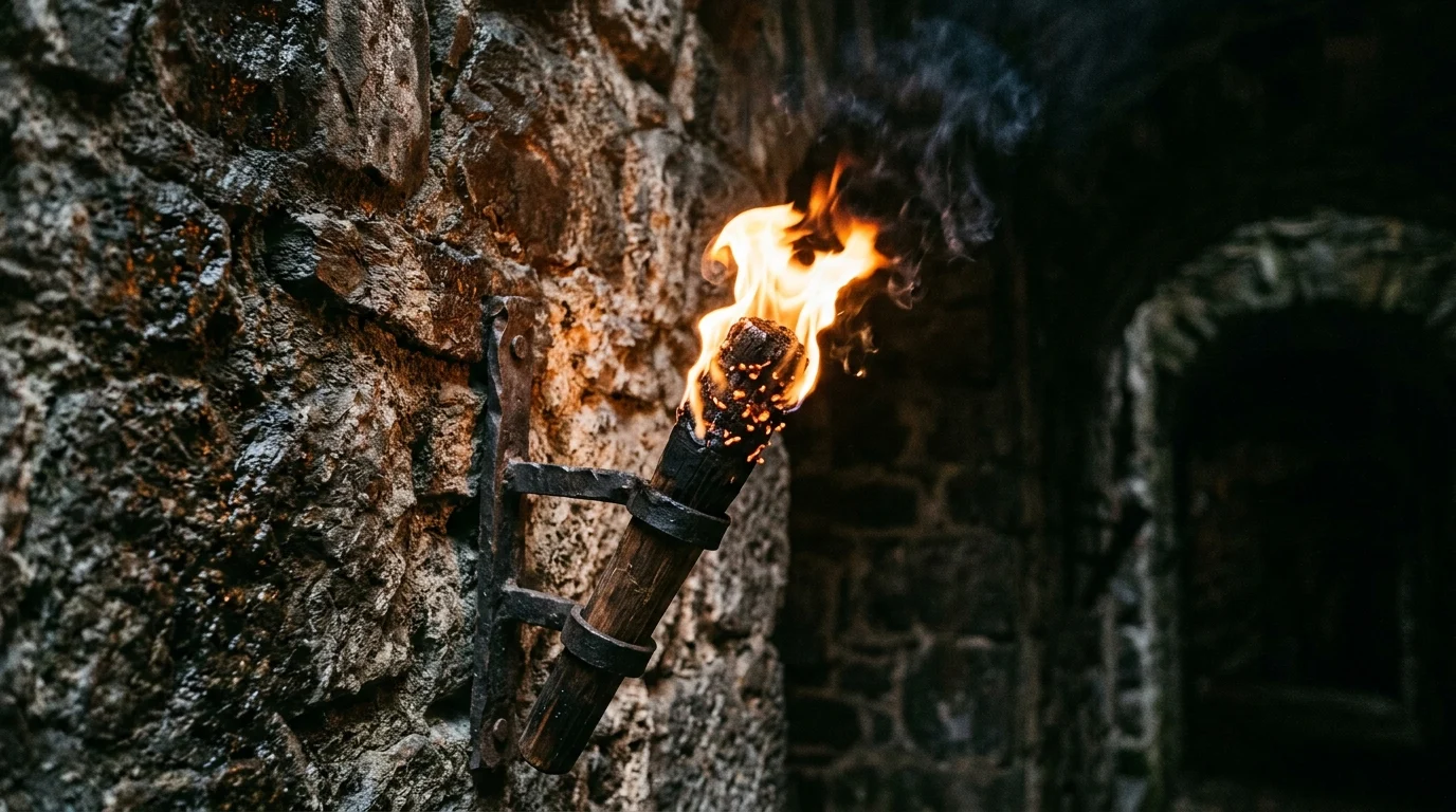 A flickering torch on a stone wall in a dungeon.
