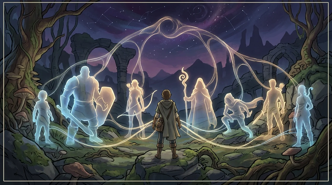 Conceptual art of a hero and their recruited allies in a stylized fantasy setting.