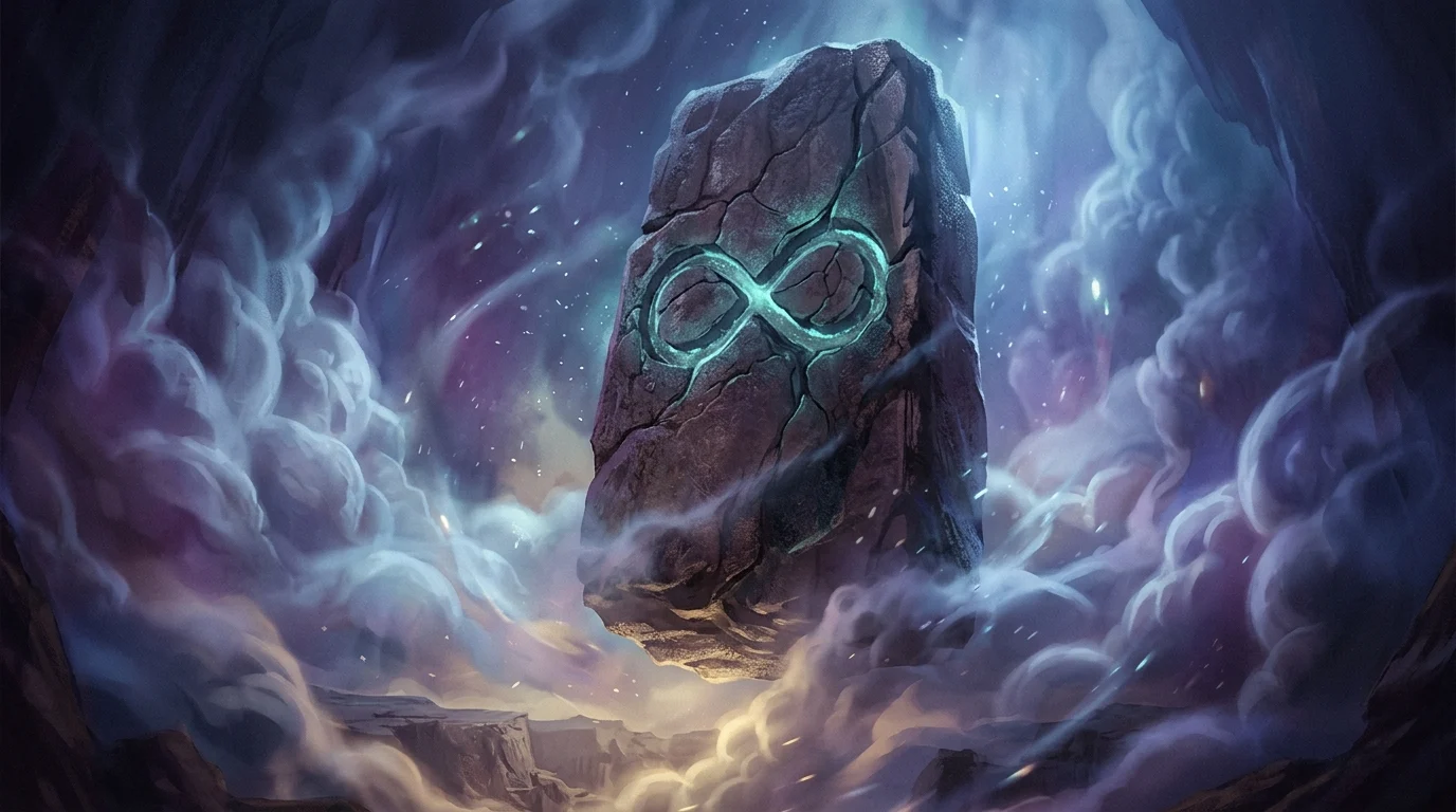 An ancient stone monolith with a glowing infinity symbol
