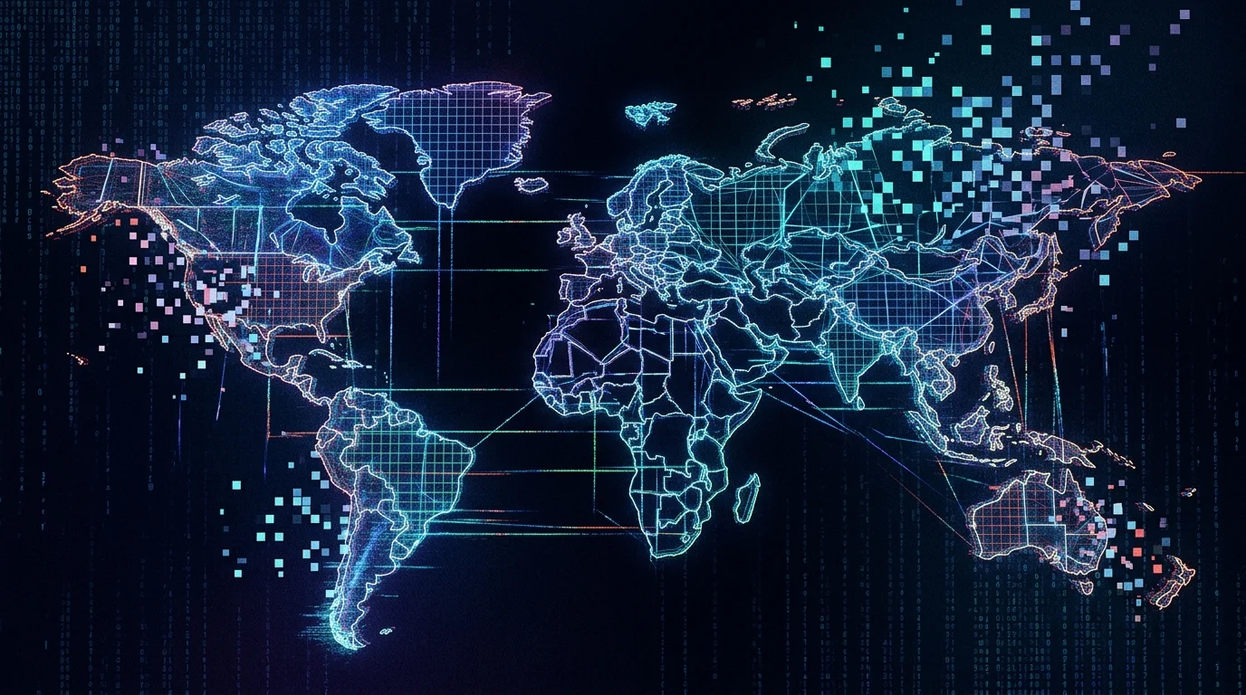 A conceptual digital wireframe of a world dissolving into fragments.