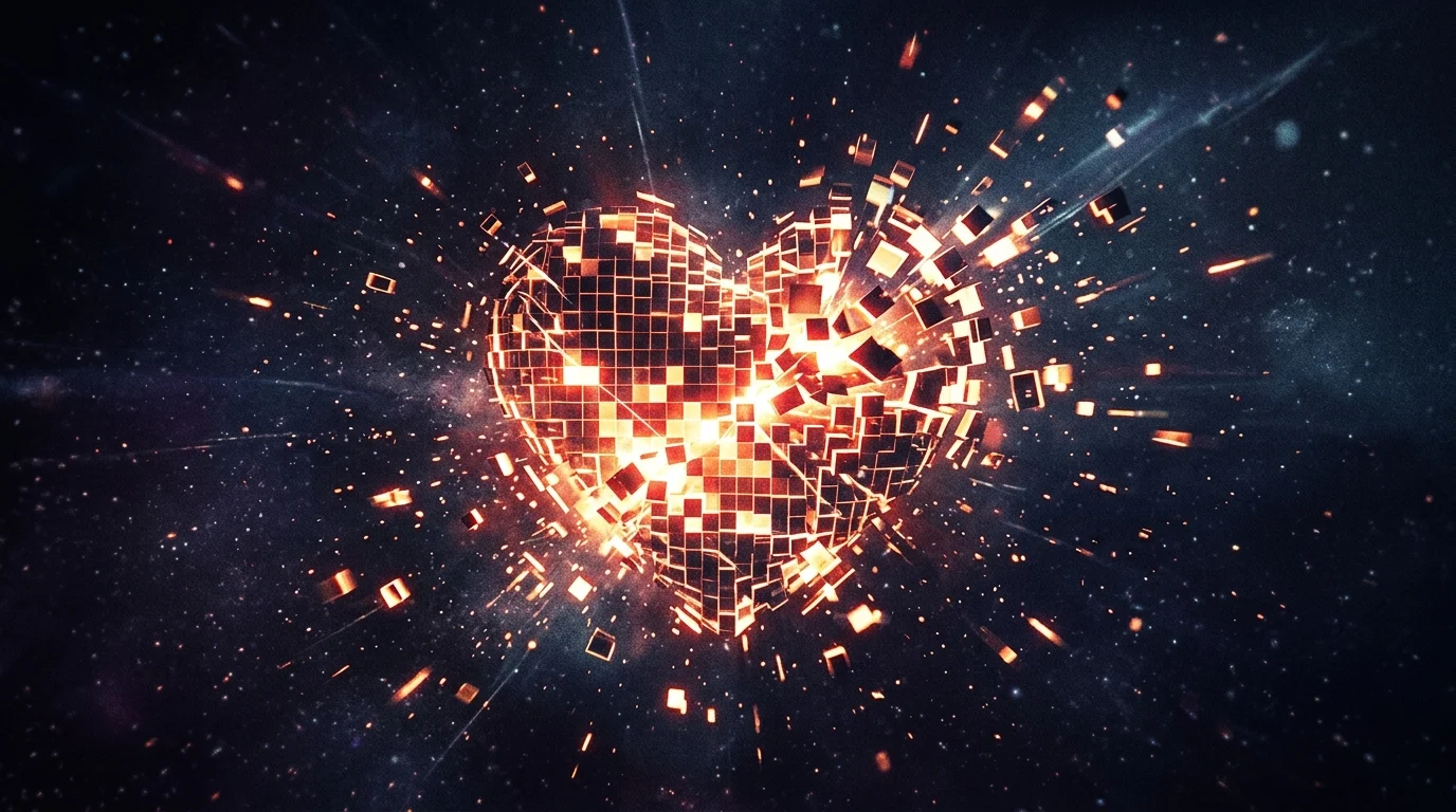 A fragmented heart shape in a pixelated style on a dark background.