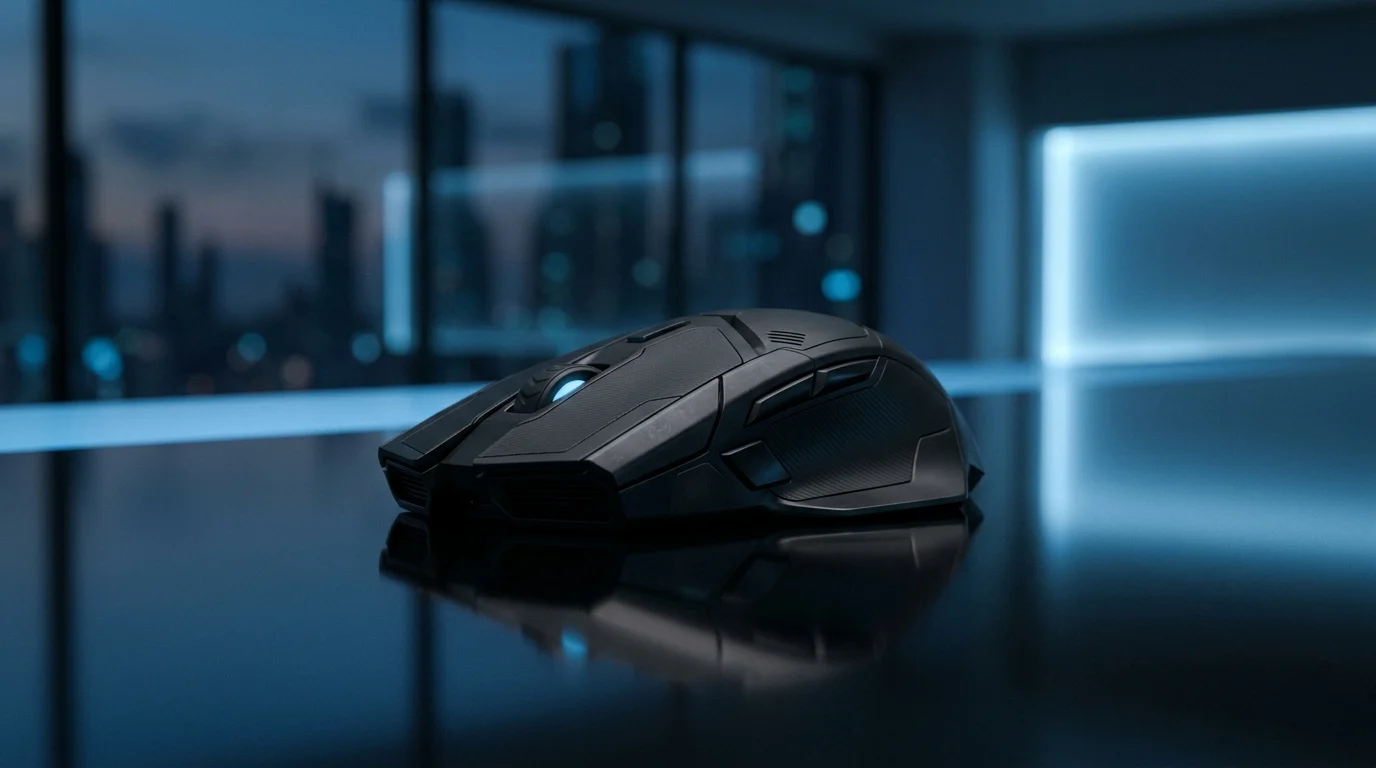 A conceptual futuristic gadget in a stealth-themed environment.