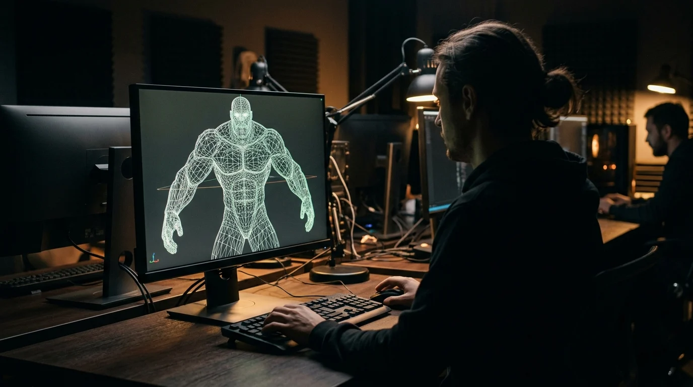 A 3D character mesh on a computer screen in a game development setting.