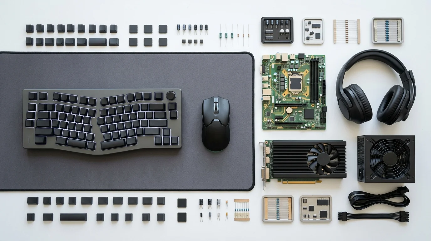 Minimalist arrangement of electronic components and gaming hardware parts.