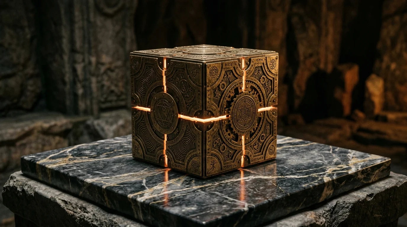 A detailed brass mechanical cube with glowing geometric patterns.