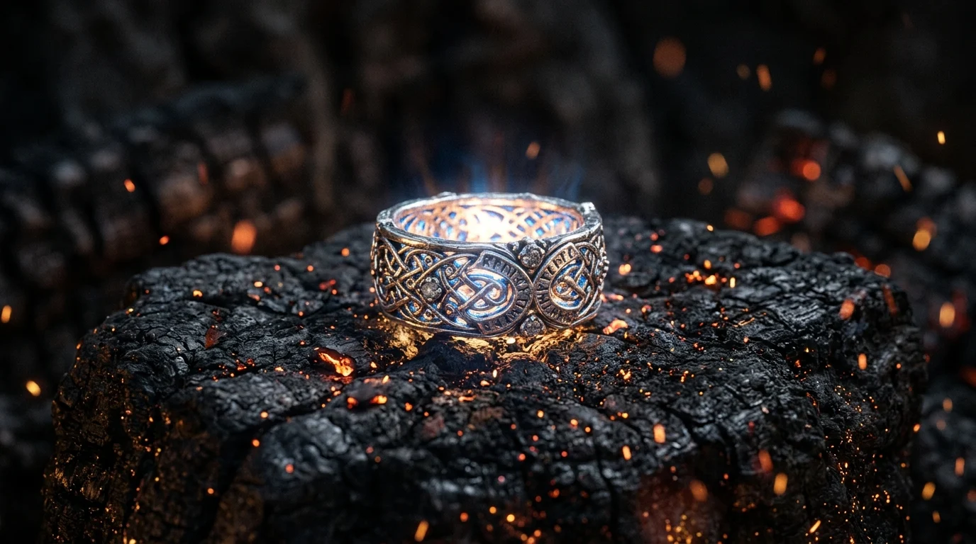 Close-up of a glowing fantasy ring on dark stone.