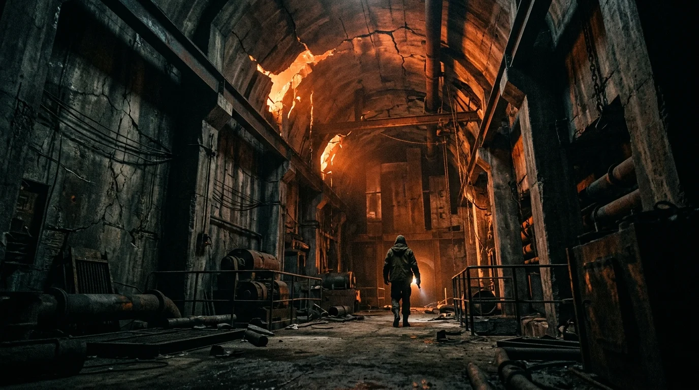 A dark, gritty industrial corridor with cinematic lighting.