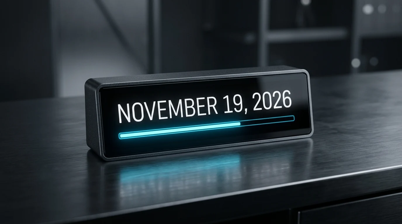 Abstract digital calendar displaying the November 2026 release date.
