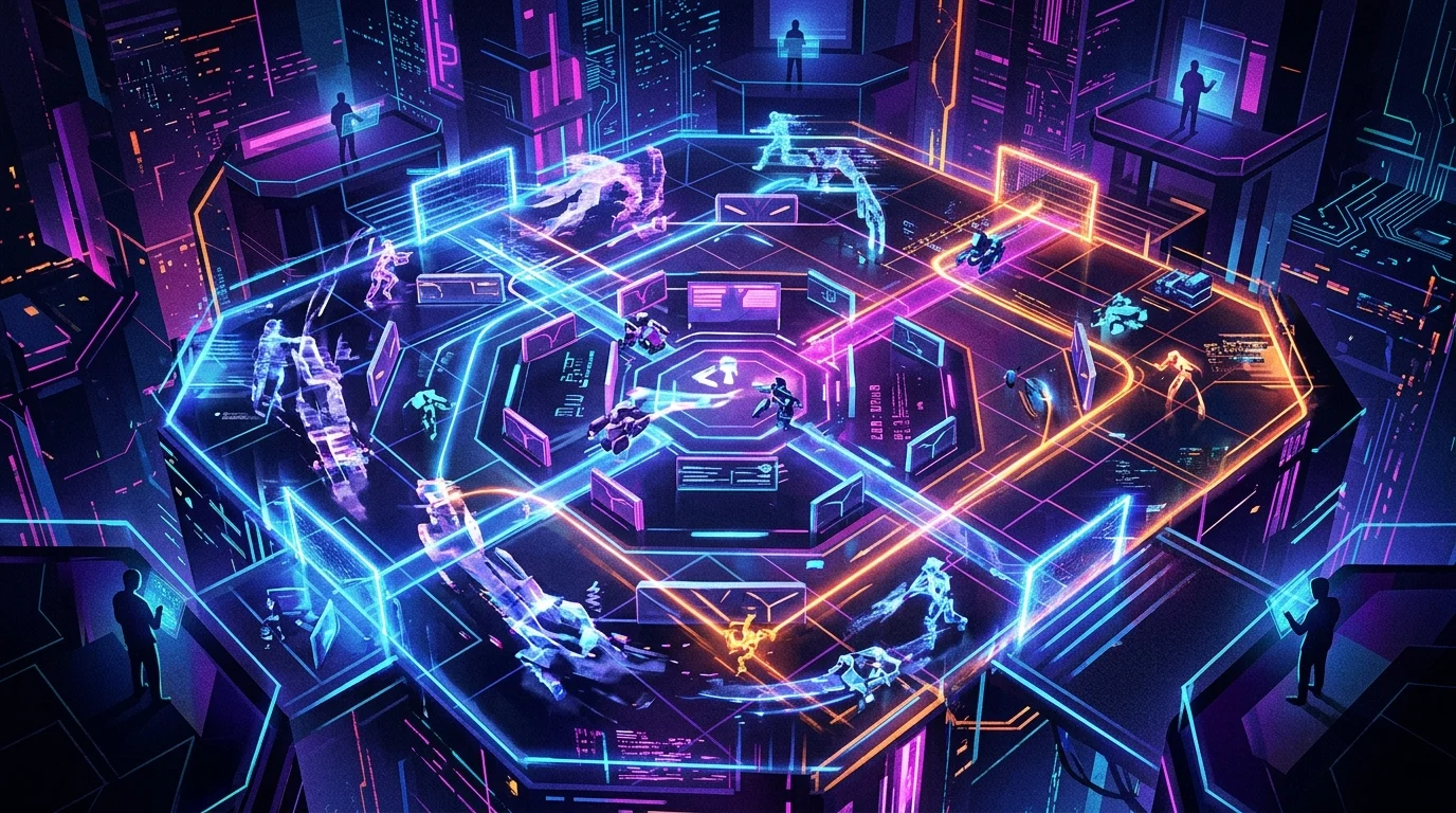 Top-down view of an abstract digital arena with glowing rewinding time effects.