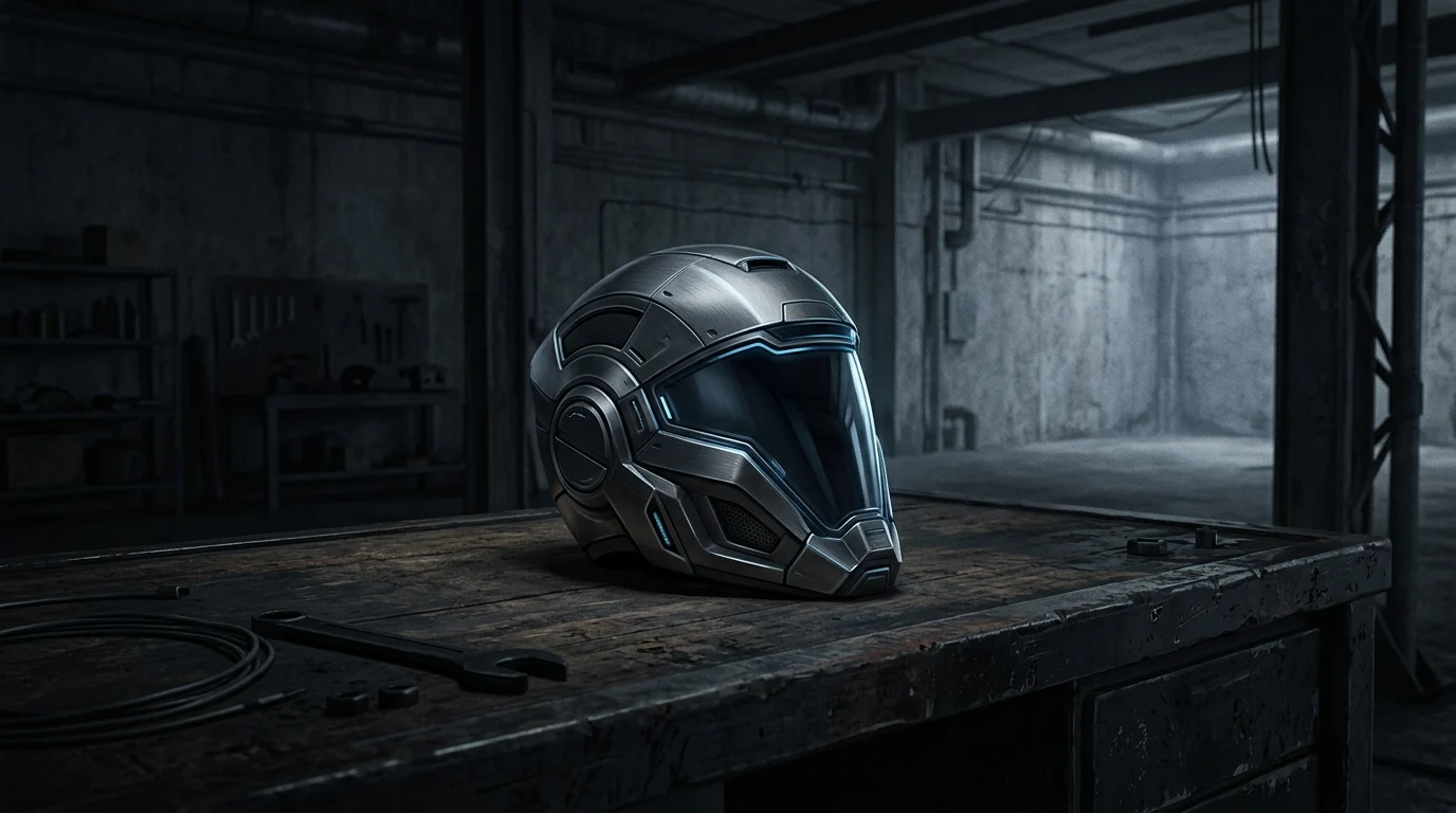 A lone futuristic helmet on a workbench in an empty studio.