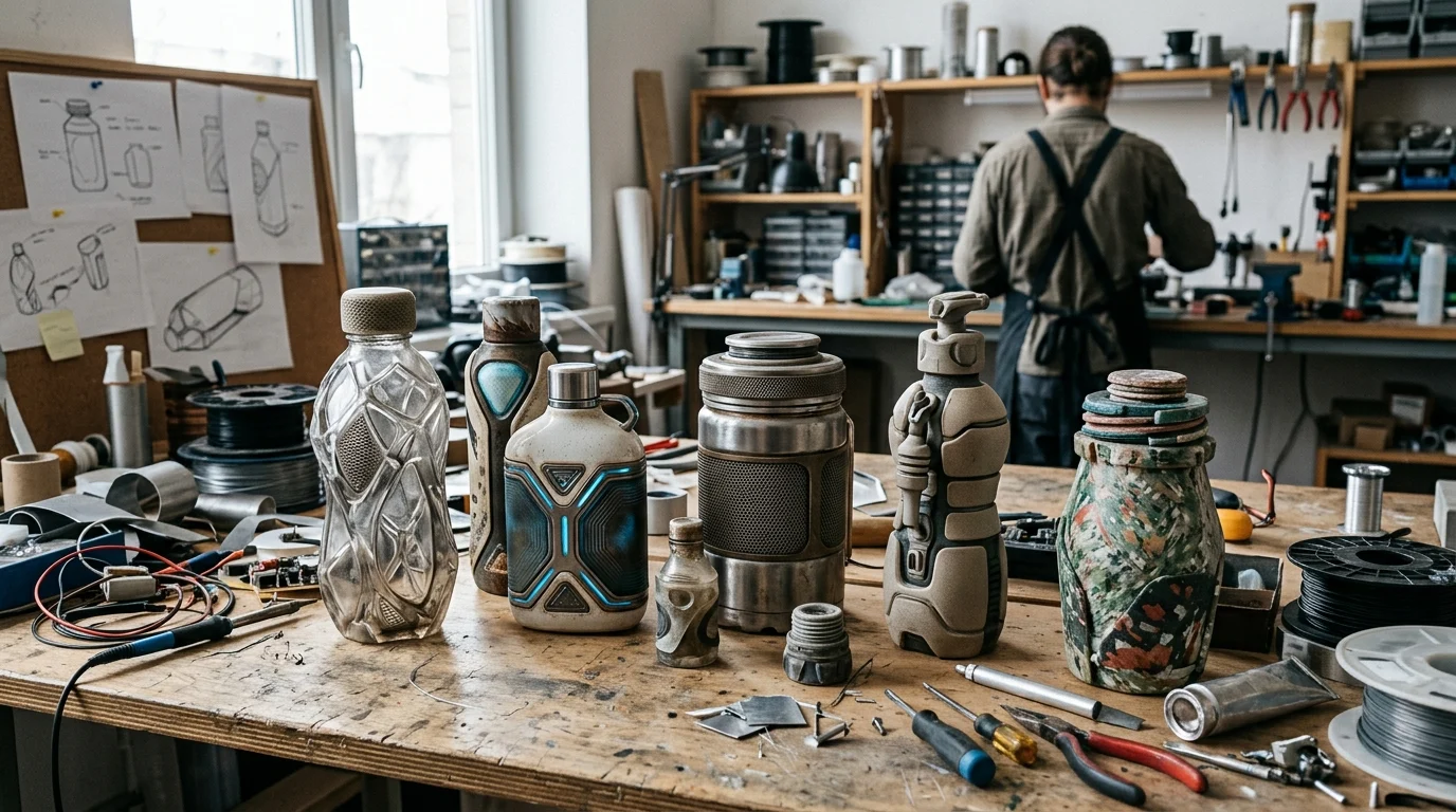 Detailed 3D models of handcrafted environmental assets on a workbench.
