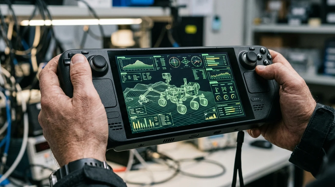 A handheld controller displaying technical telemetry for a robotic vehicle.