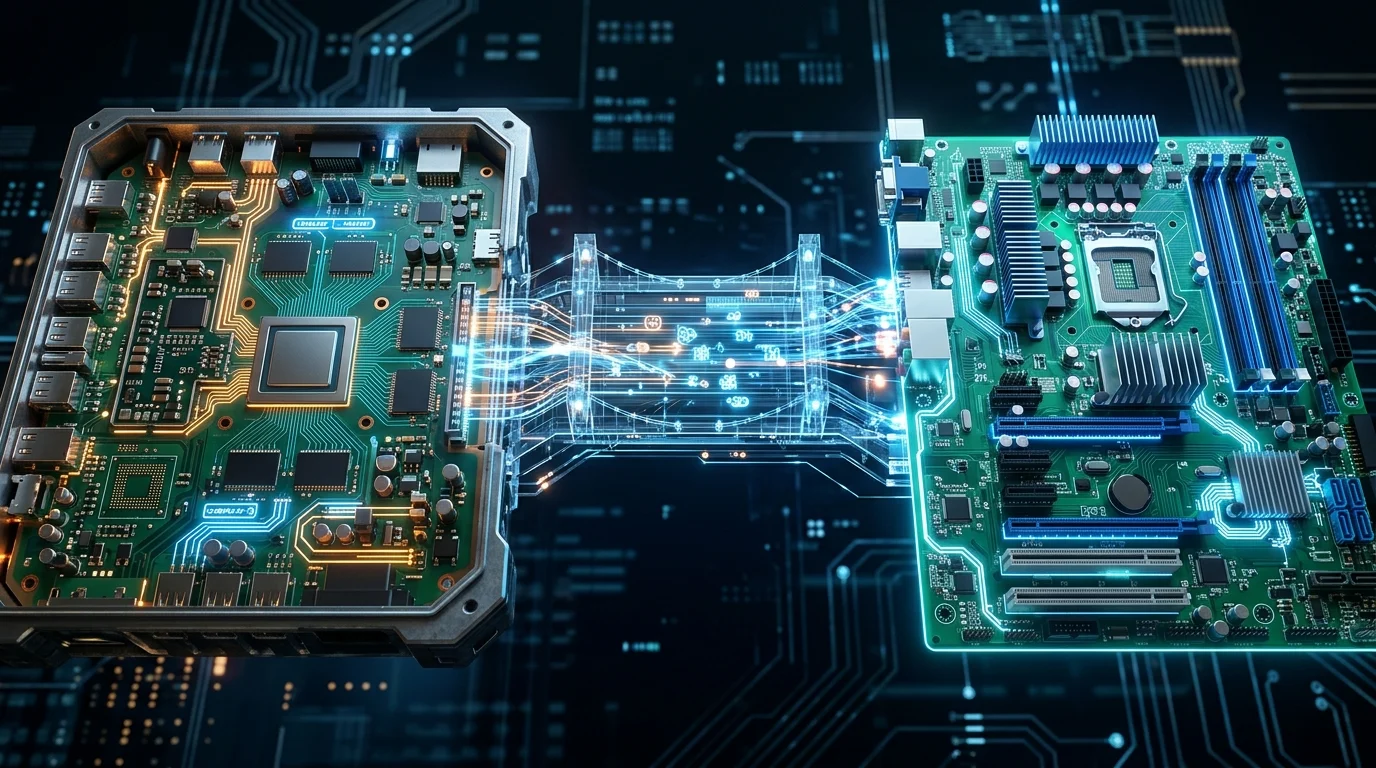 Conceptual 3D render of hardware architecture bridging.