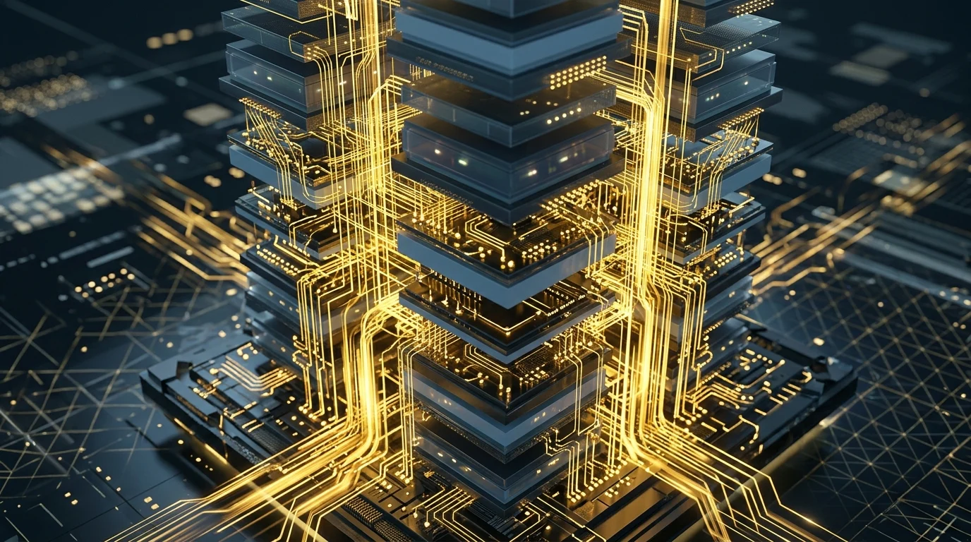 Abstract visualization of vertically stacked memory architecture.