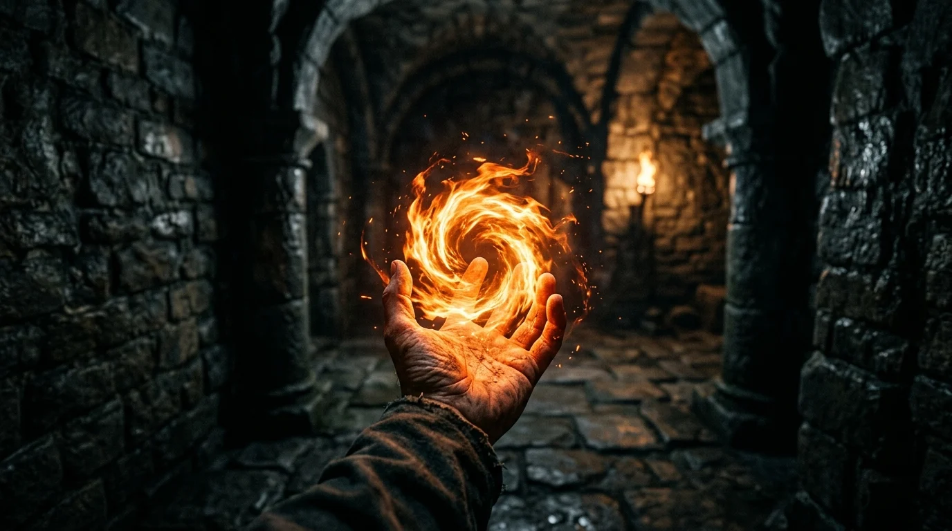 First-person view of fire manipulation in a dark stone room.