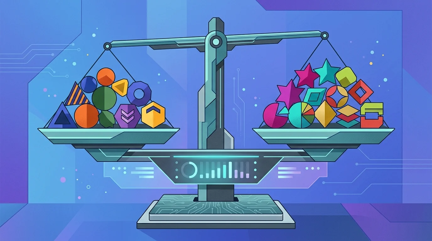An abstract digital scale balancing colorful icons representing game characters.