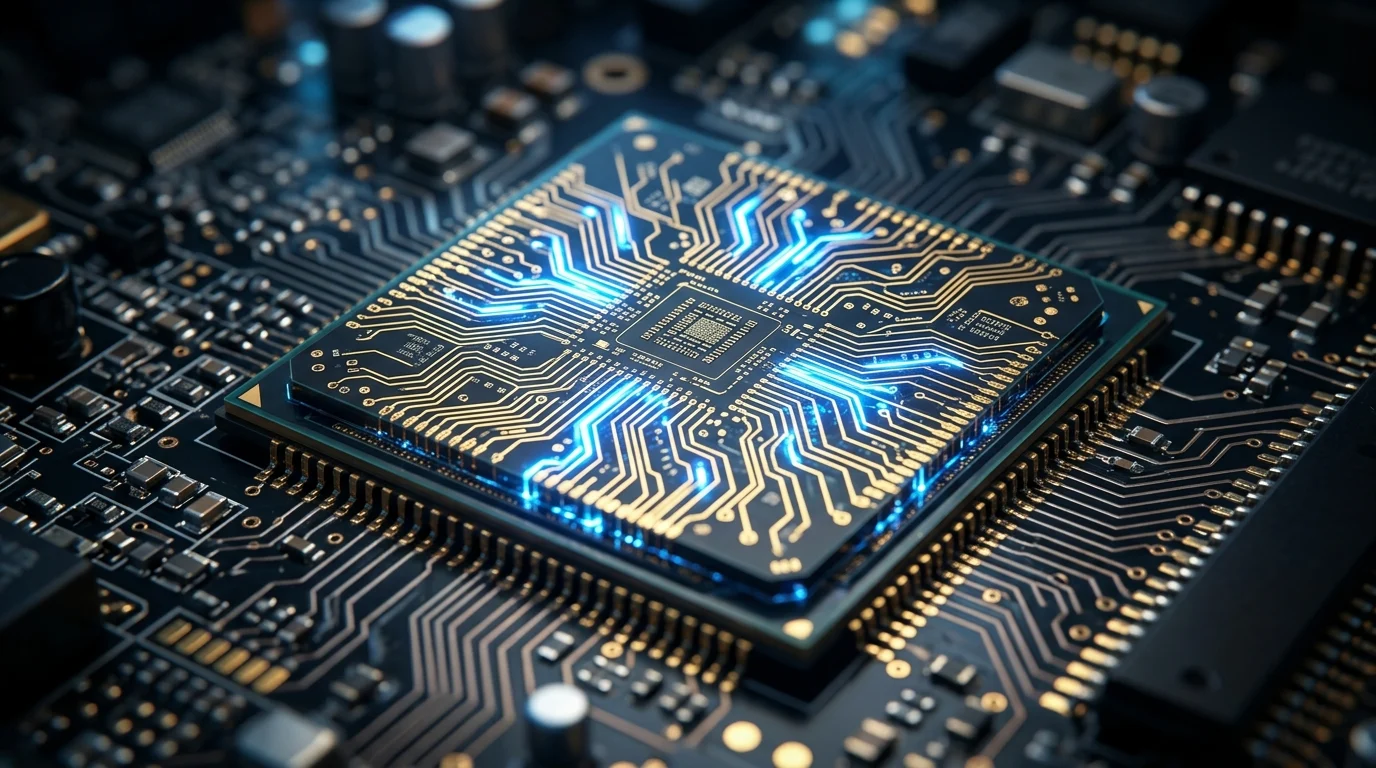 Macro view of a glowing silicon processor representing technical power.