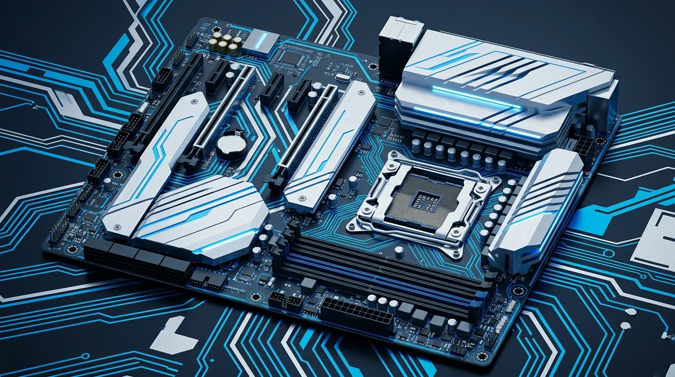 A close-up view of high-end computer hardware components and circuitry.