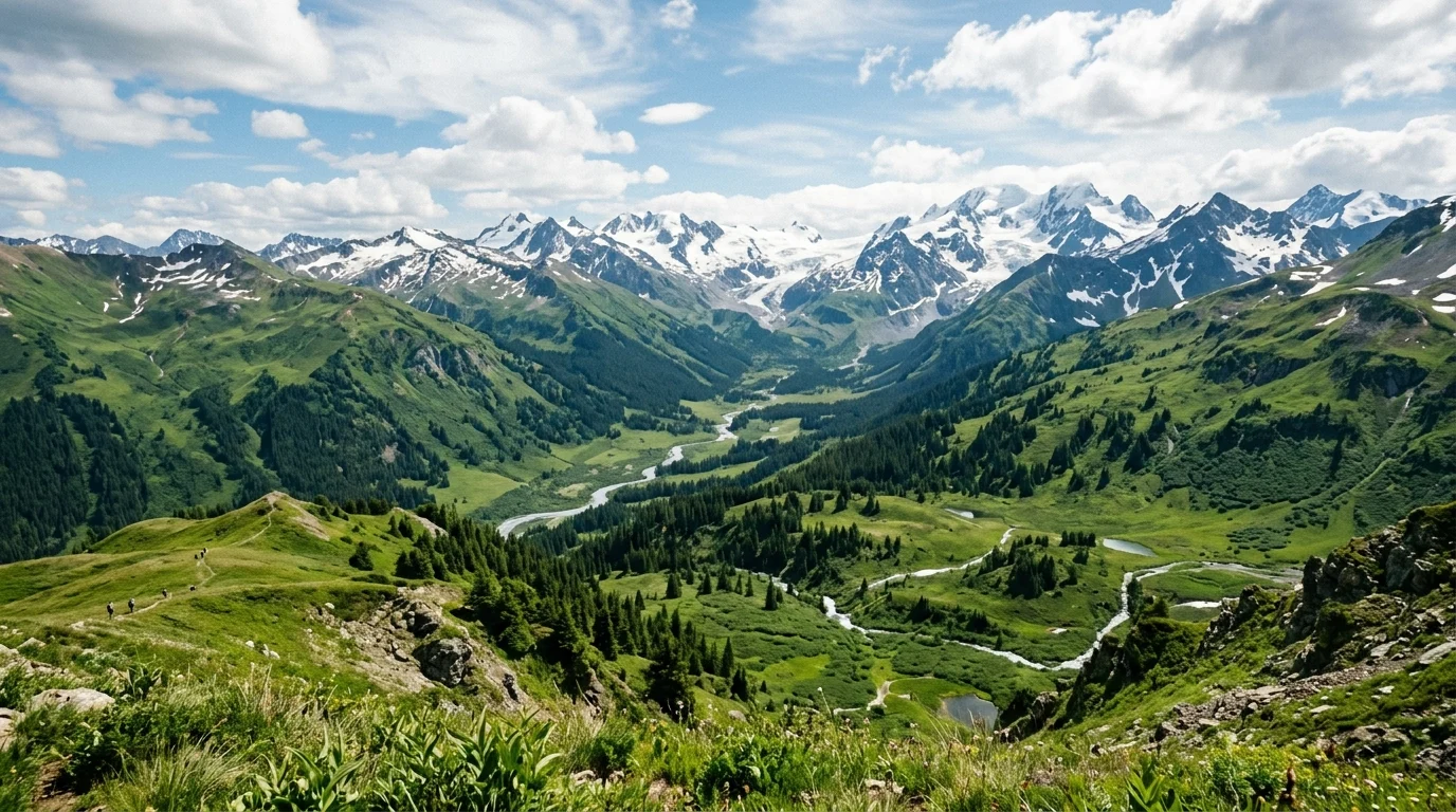 A wide view of a vast fantasy landscape with mountains and hills.