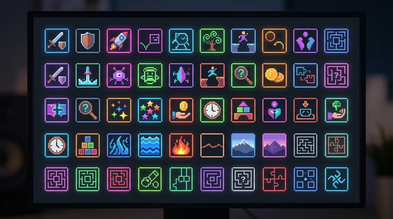 A conceptual grid of various colorful pixelated icons representing multiple video game titles.