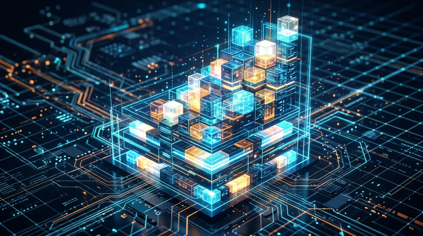 Conceptual digital art showing stacked data layers.