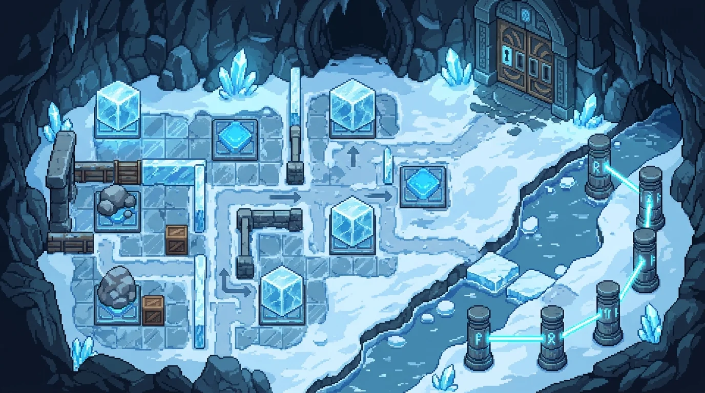 A top-down view of a complex ice-themed environmental puzzle.