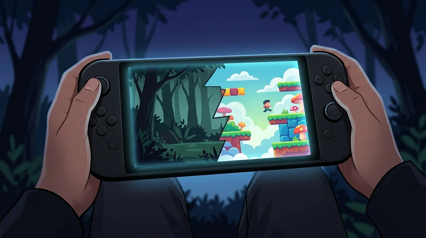 A conceptual illustration of a handheld gaming screen showing two different game genres.