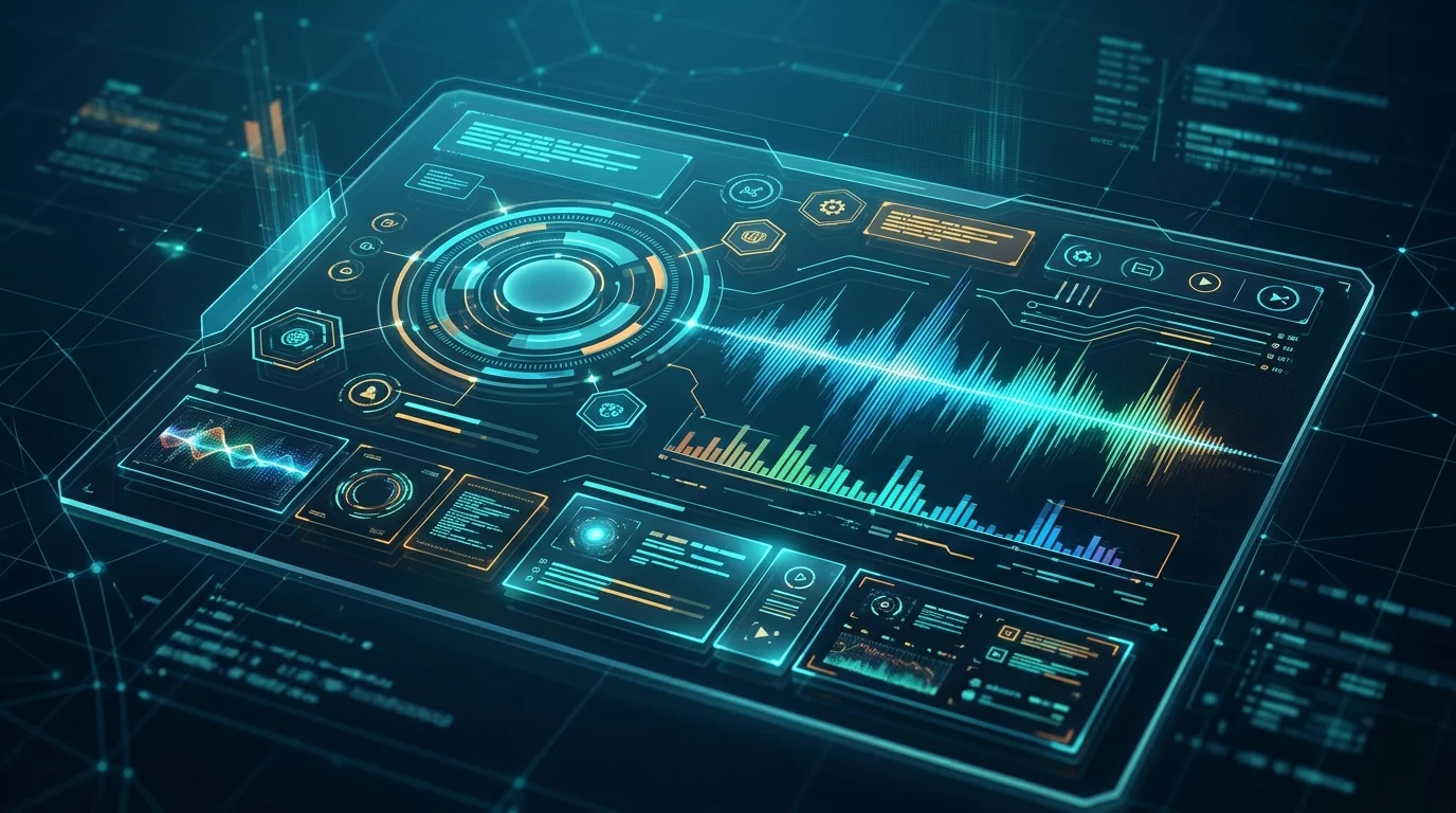 Abstract digital interface with glowing text blocks and audio waves.