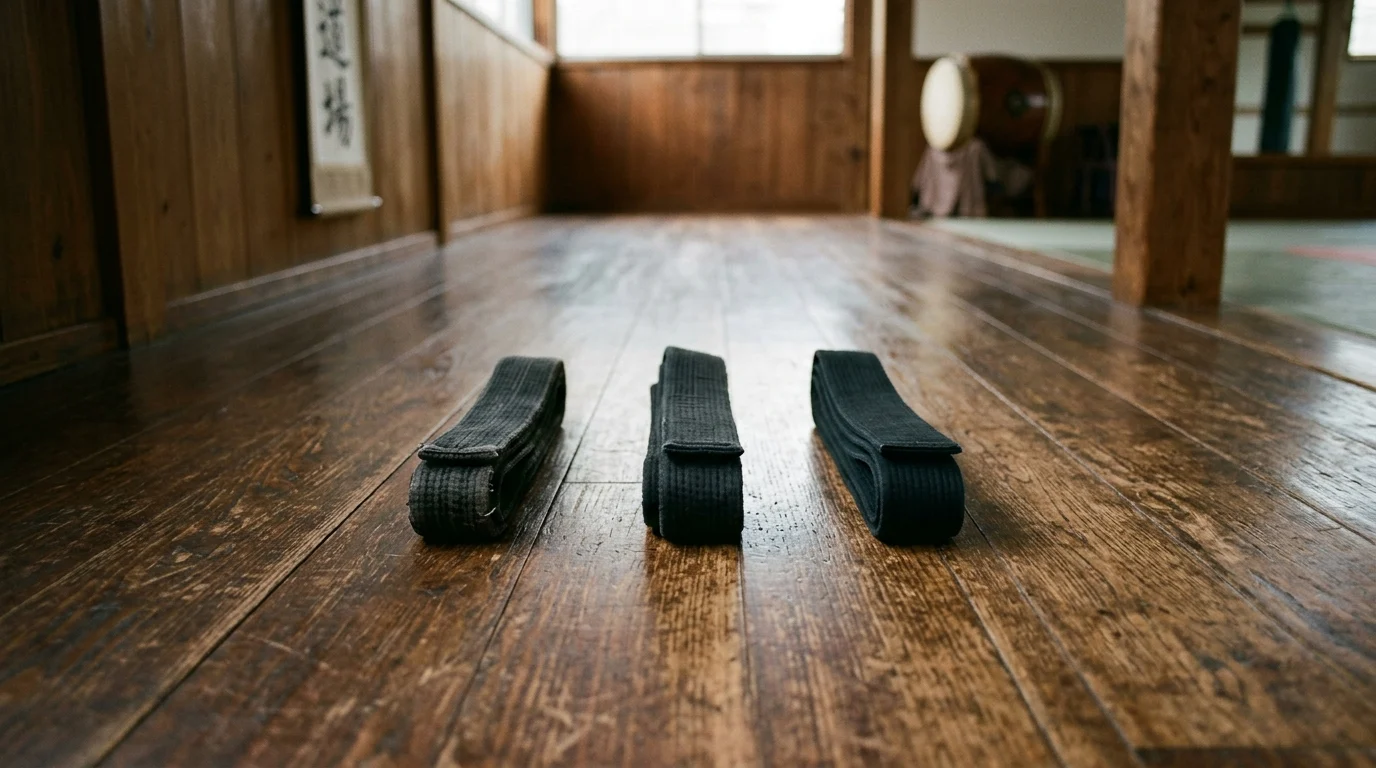 Three black martial arts belts on a dojo floor