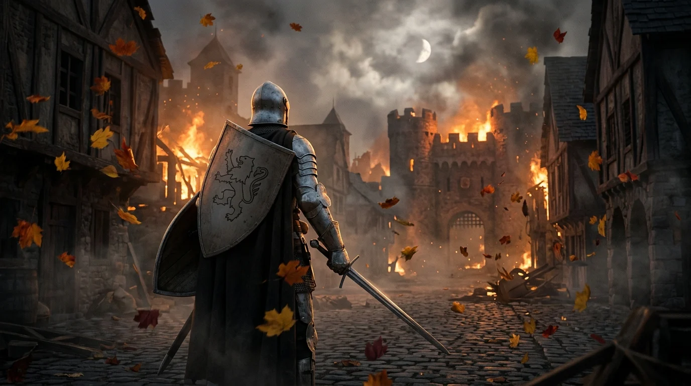 A knight in silver armor in a burning city with falling leaves.