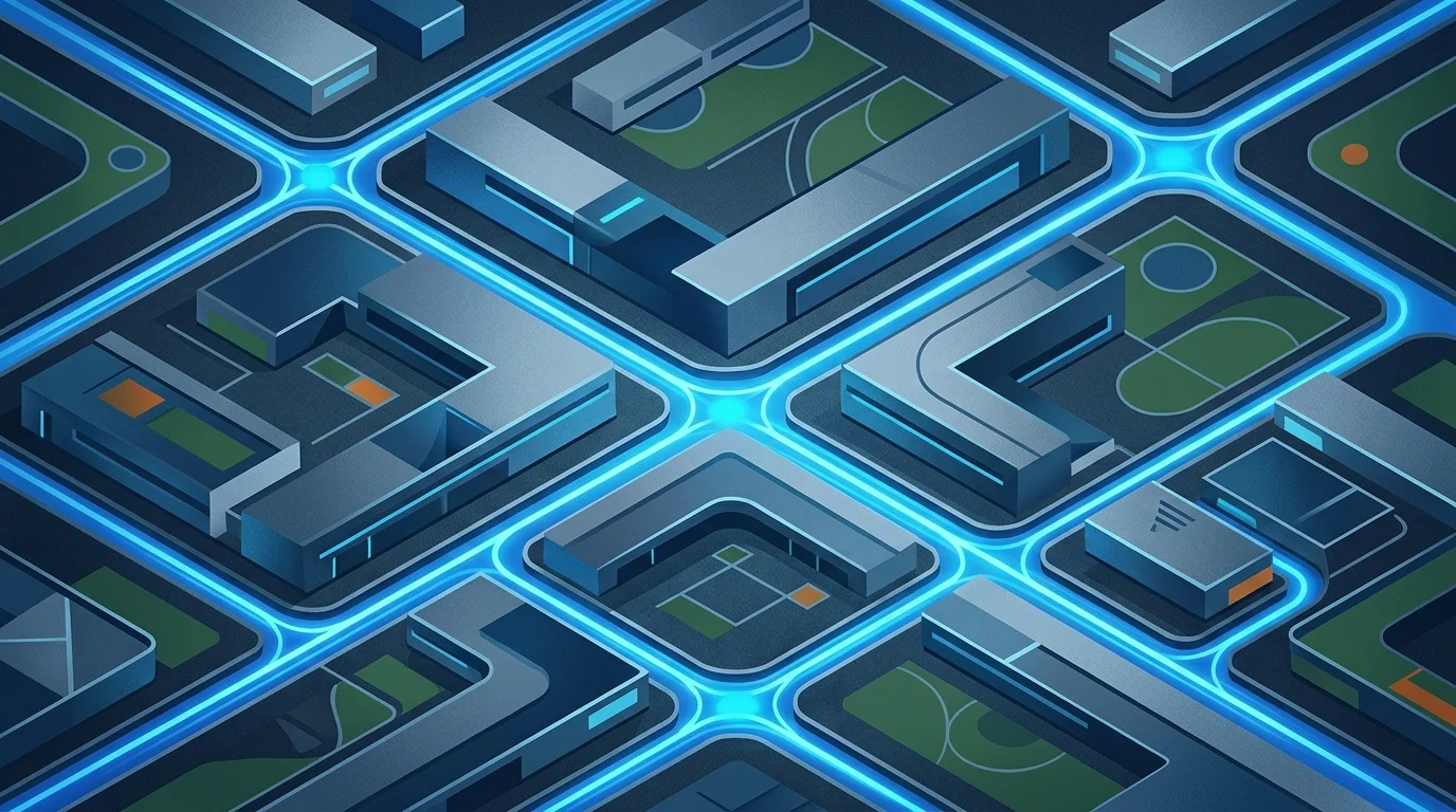 Abstract architectural grid symbolizing organizational streamlining.