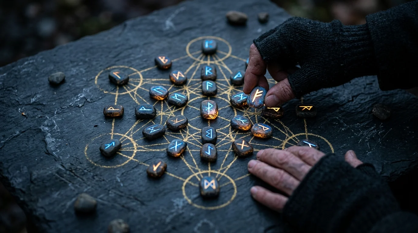 Glowing runic stones arranged in a crafting pattern.