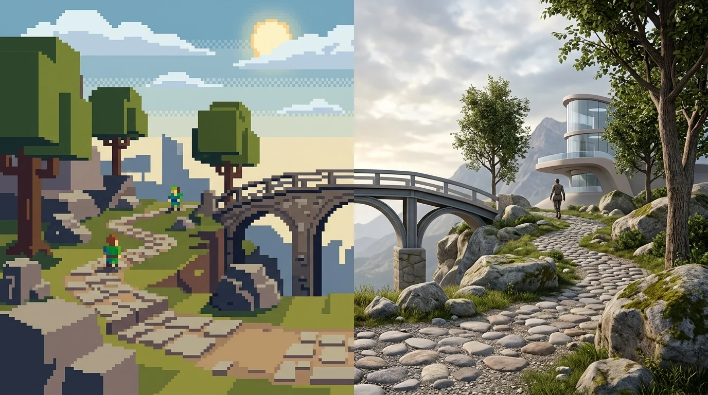 Conceptual art showing the evolution of game graphics from retro pixels to modern 3D rendering.