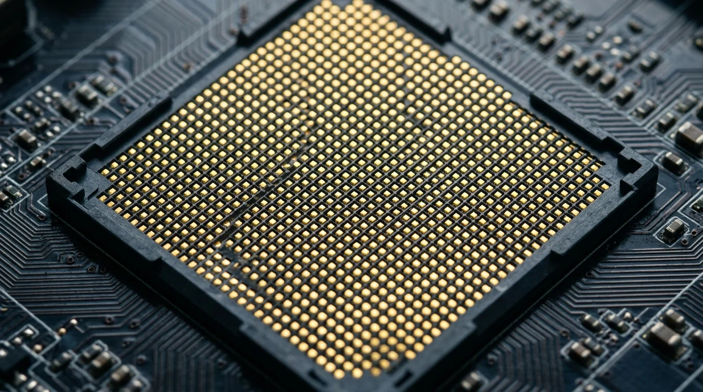 Abstract geometric representation of a processor socket interface.