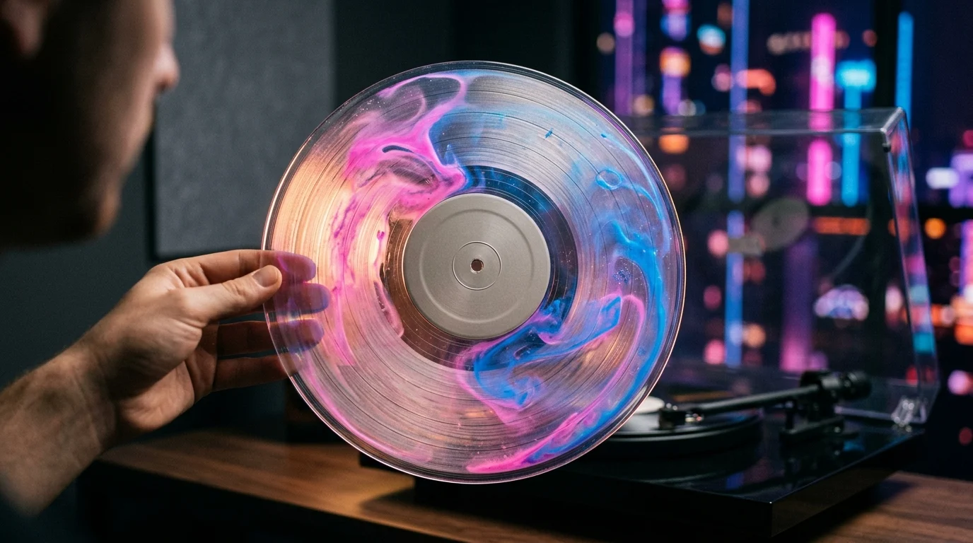 A close-up conceptual view of a liquid-filled vinyl record.