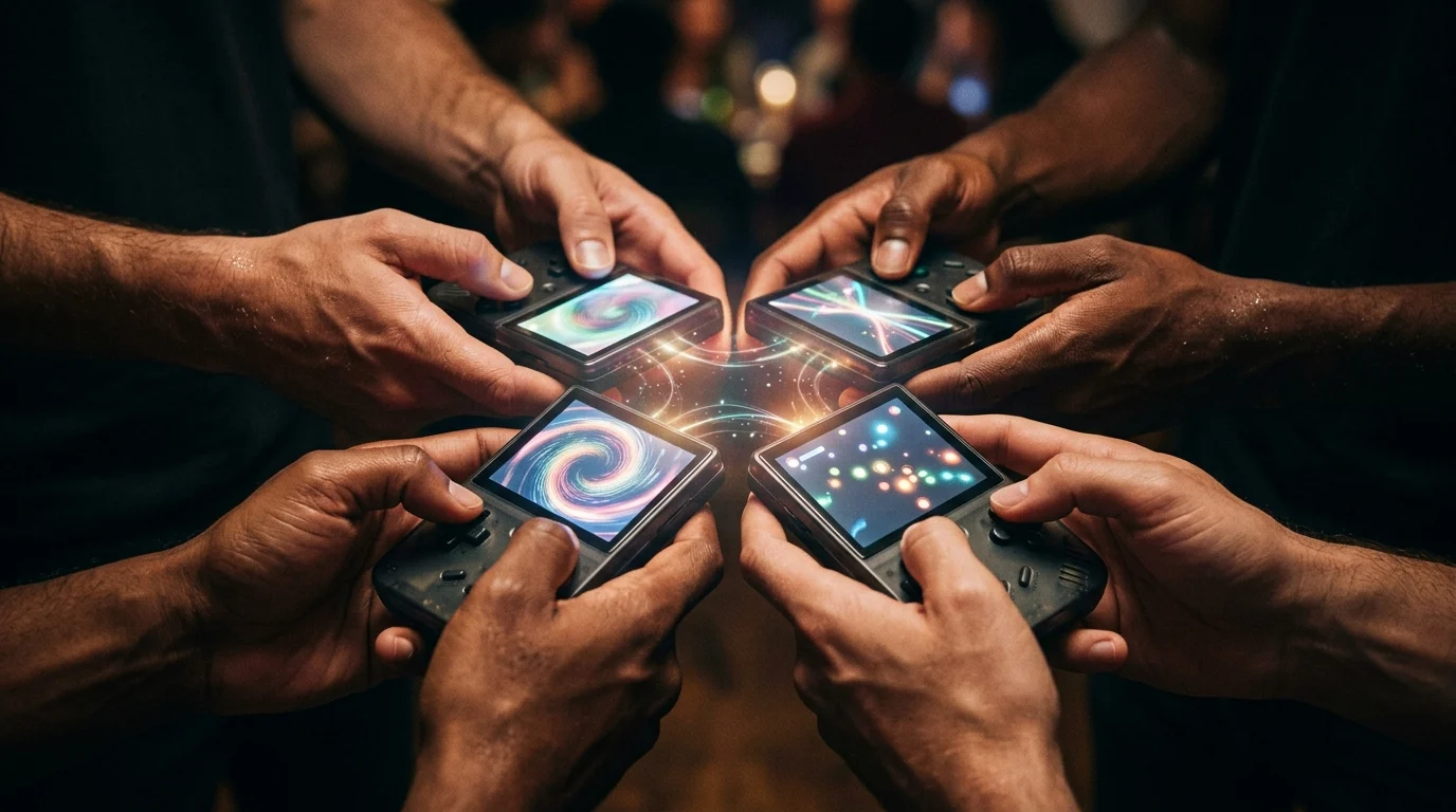 Close up of four people playing handheld consoles together
