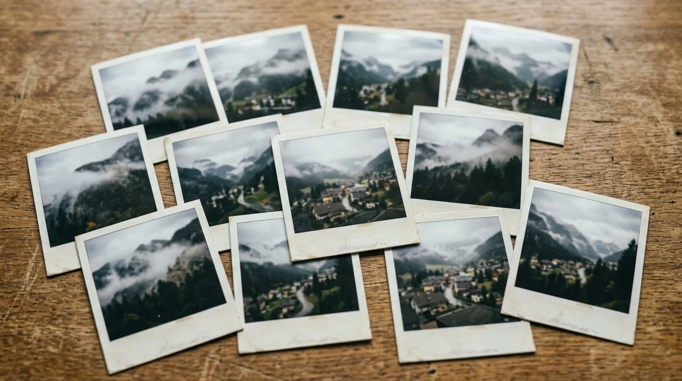 Instant photographs of a rural town landscape on a desk