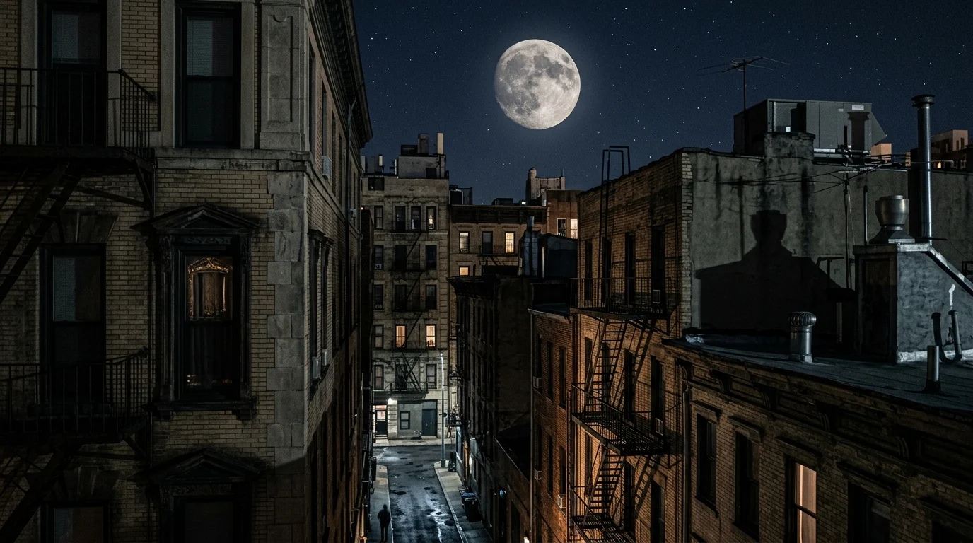 Conceptual image of a realistic moon phase over an urban landscape.