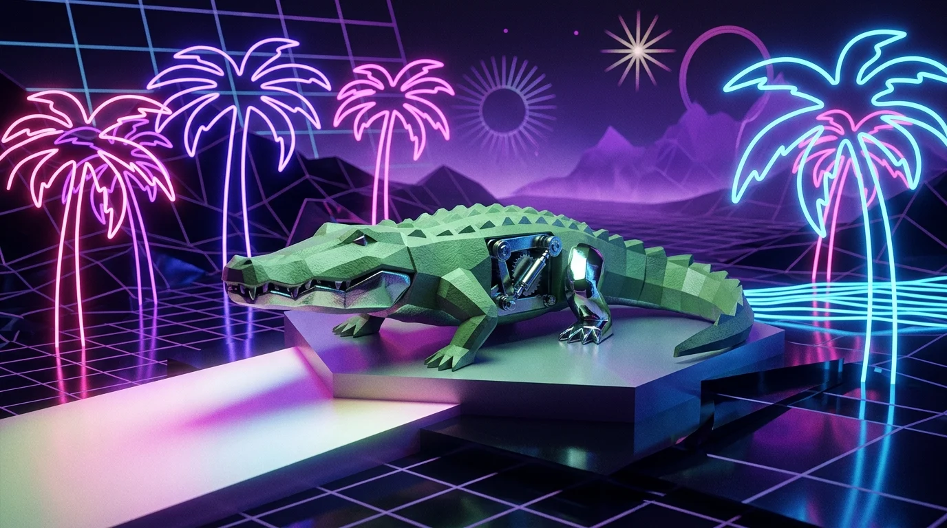 A conceptual 3D render of a collector figurine in a neon setting.