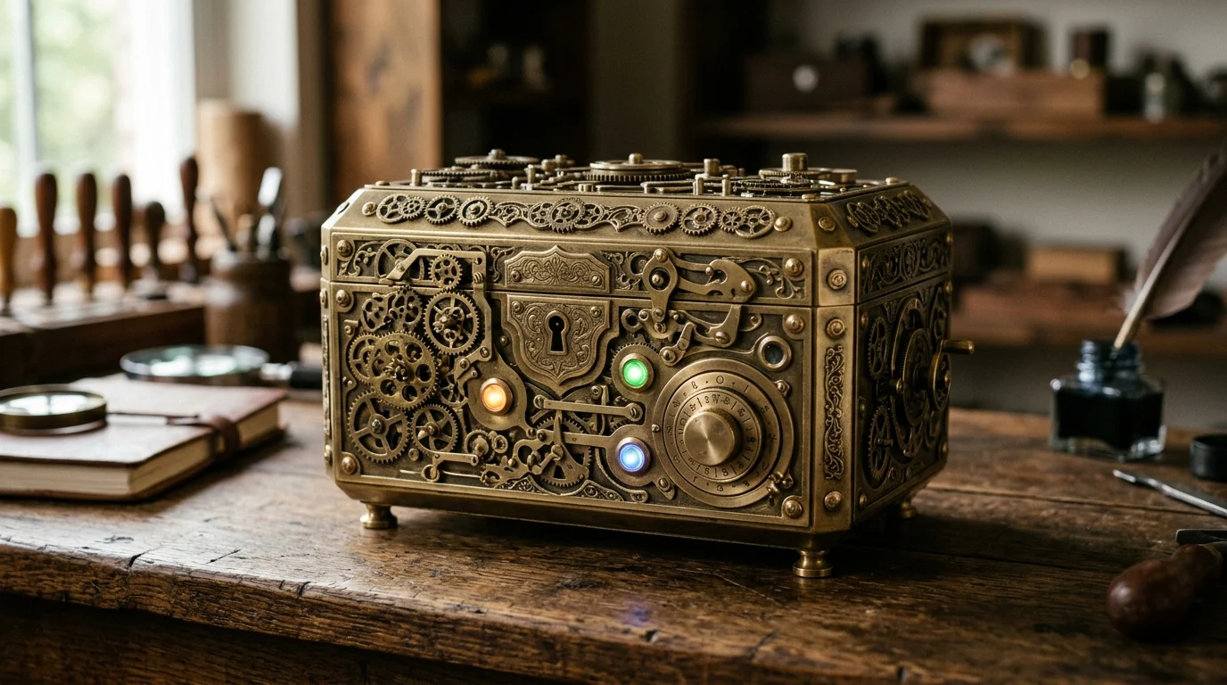 A complex mechanical puzzle with brass gears.