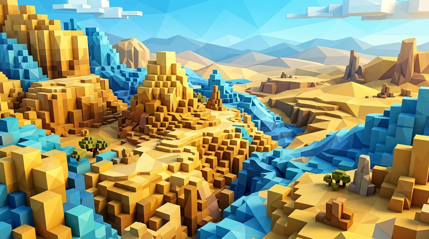 Abstract 3D voxel and desert landscape fusion.