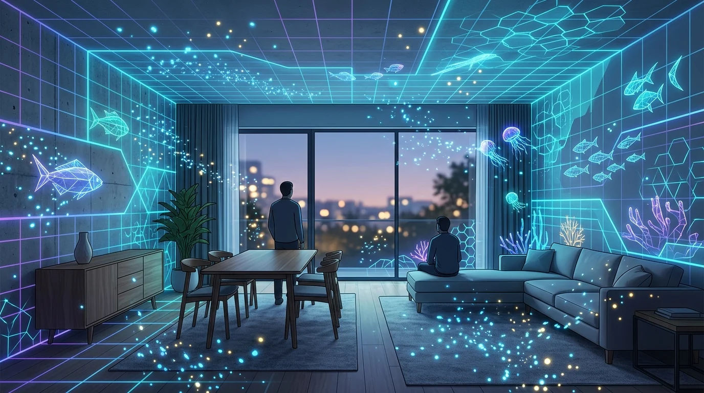 A room transformed into a digital deep-sea aquarium using mixed reality passthrough.