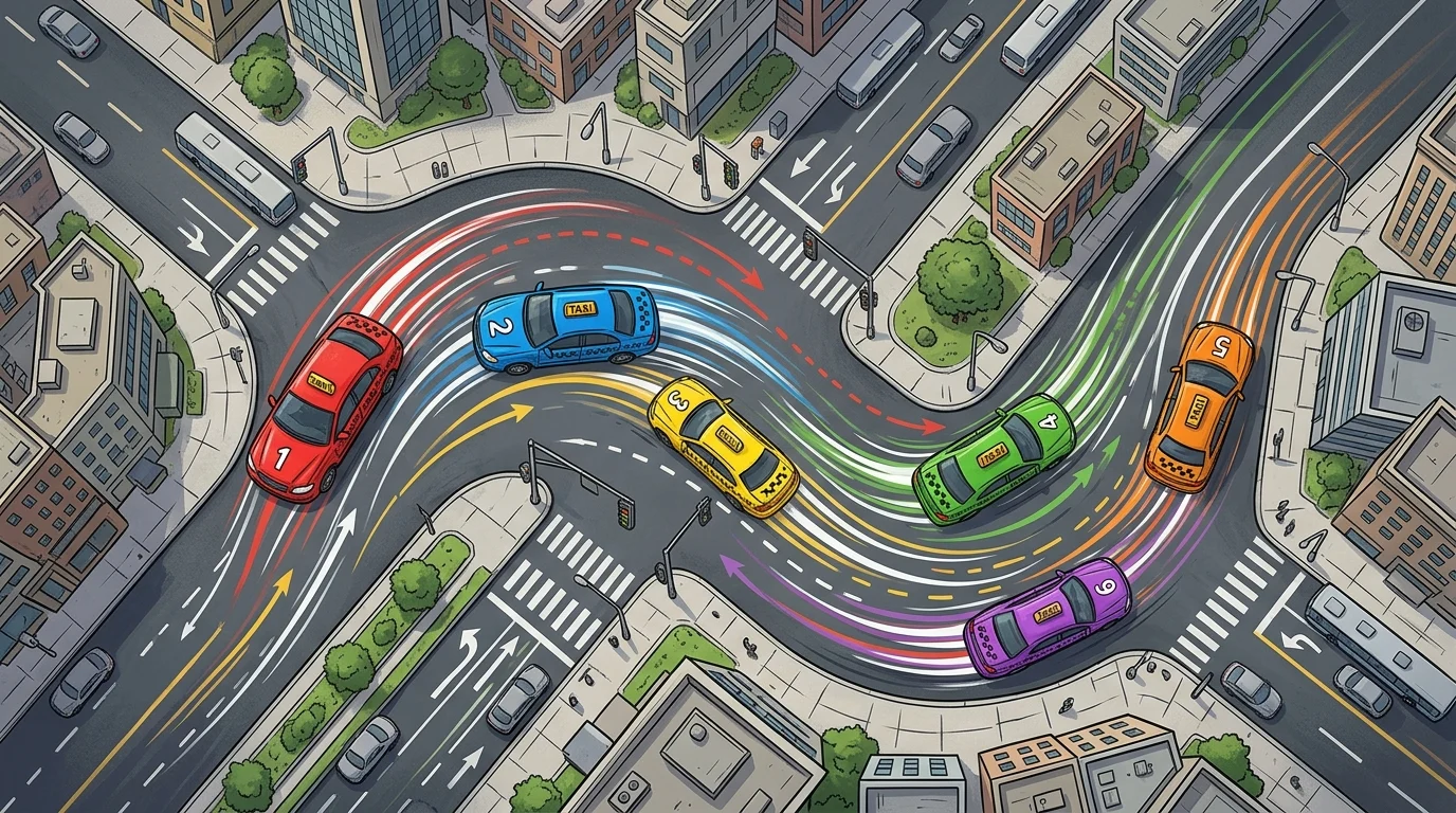 An overhead view of multiple taxis racing through a city intersection.