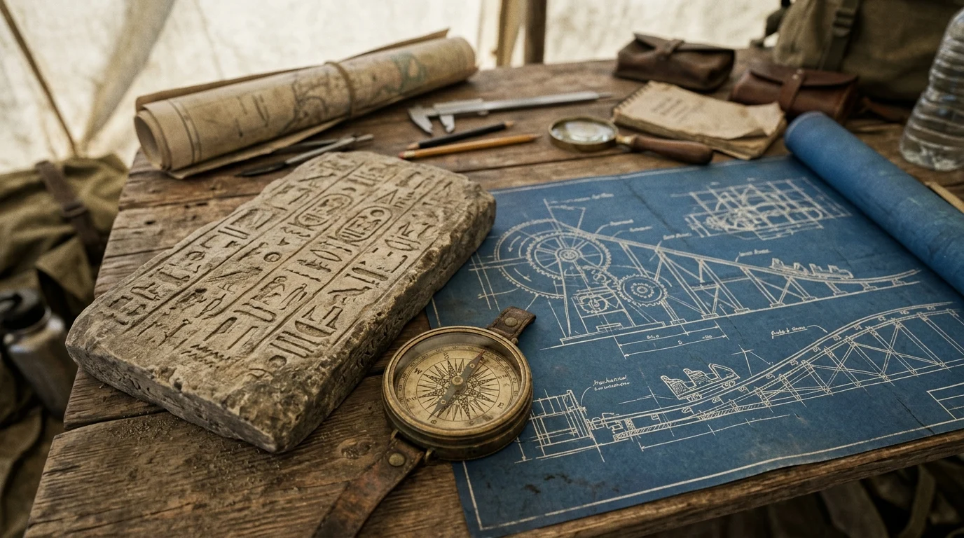 A collection of expedition tools and architectural blueprints on a wooden desk.