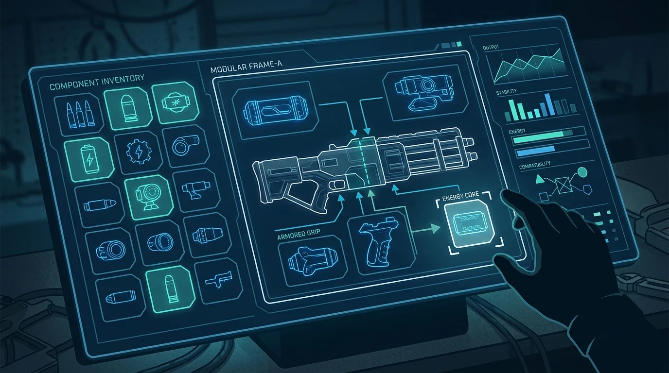 A conceptual digital grid interface for customizing weapons and equipment.