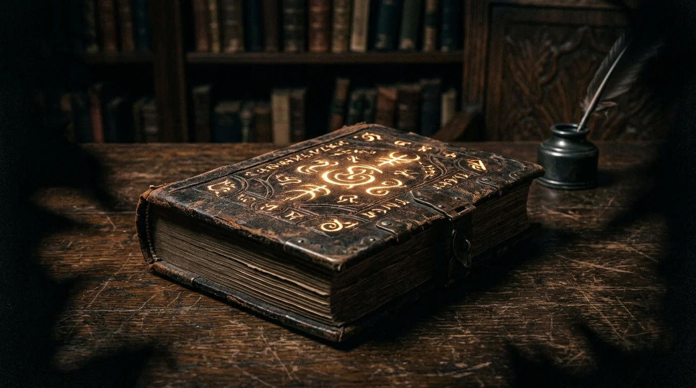 A leather-bound book on a desk with glowing occult symbols.
