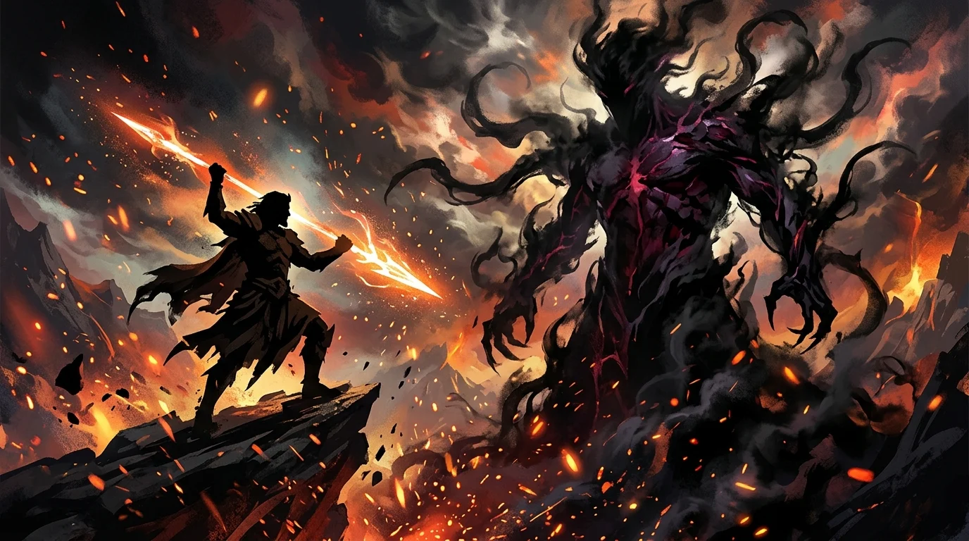 Abstract silhouette of a hero facing a massive deity in a mythological setting.