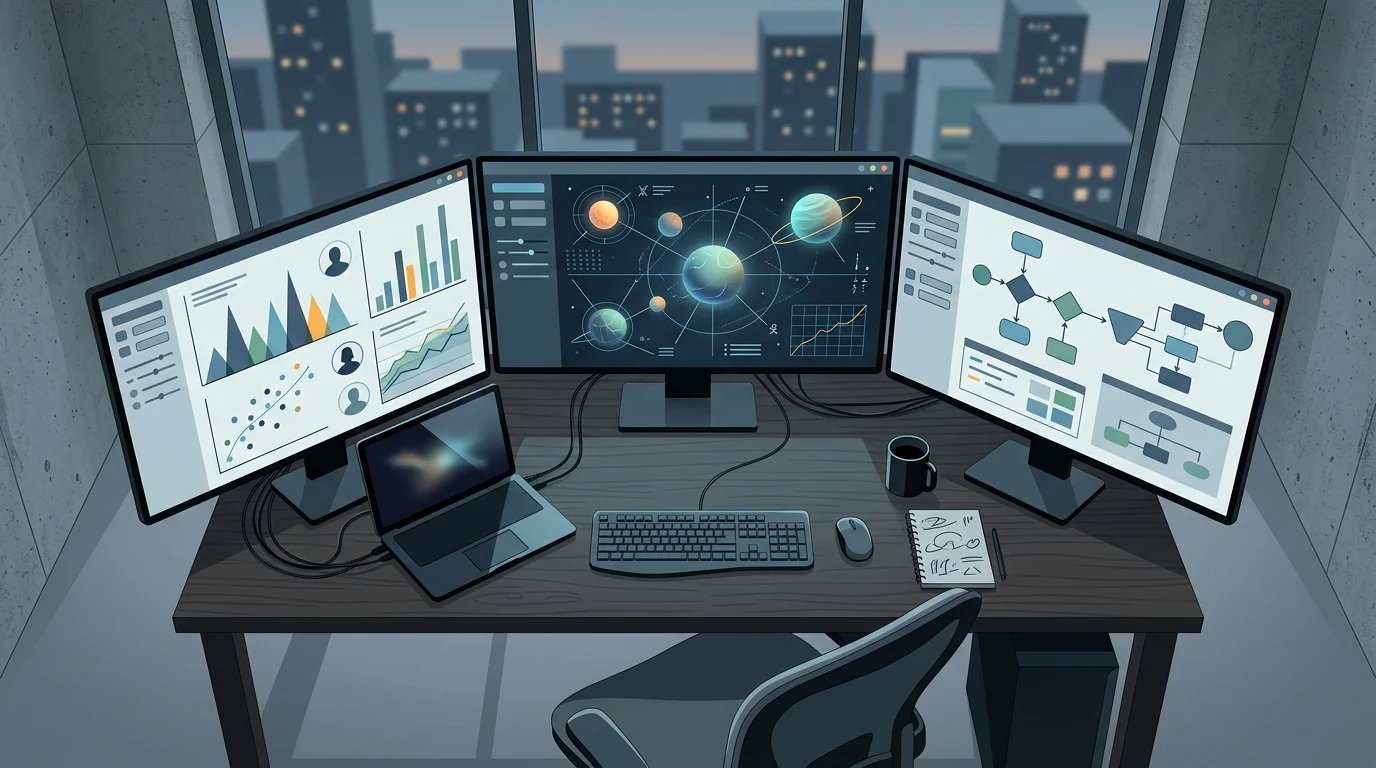 A workstation displaying digital anonymous silhouettes charts and planetary data.
